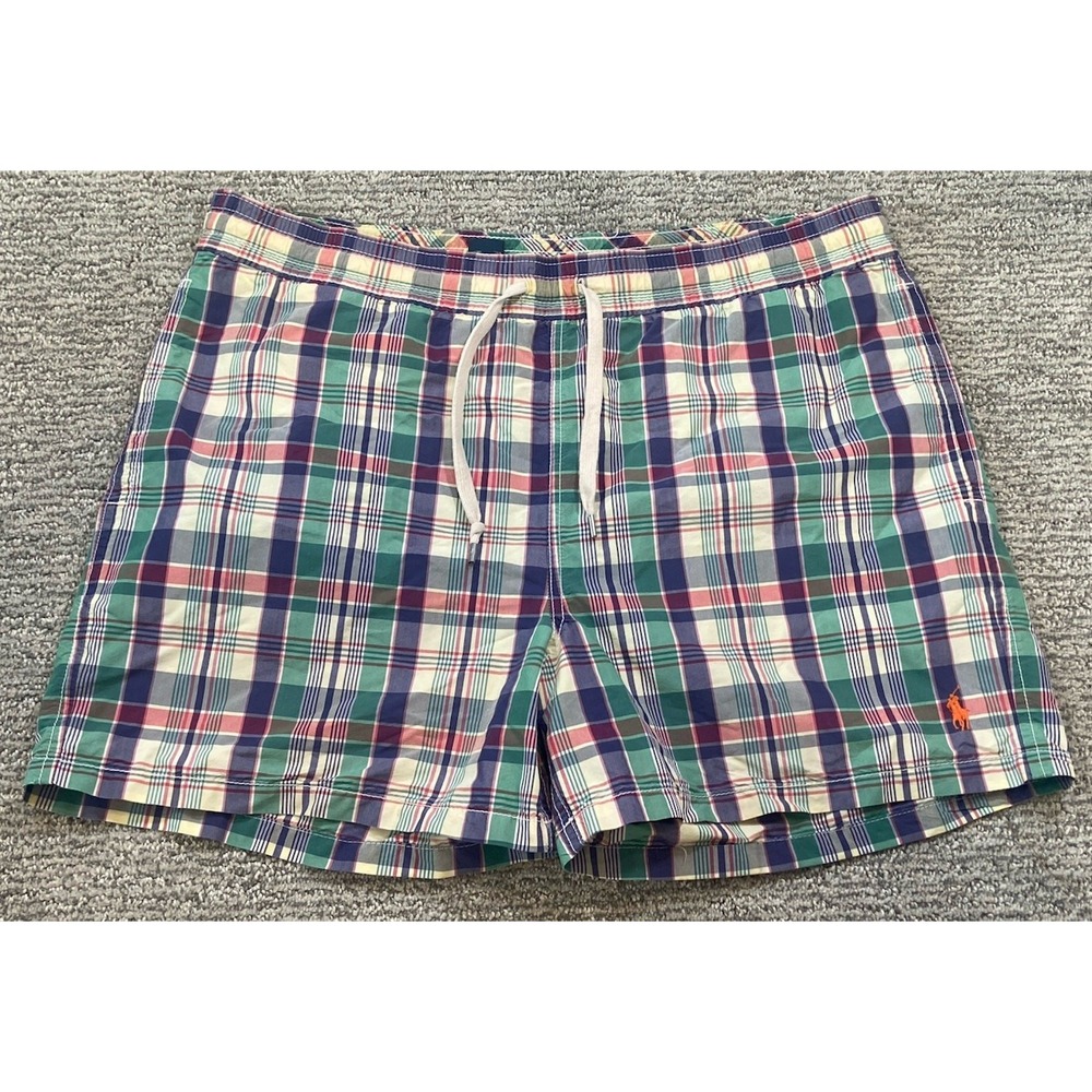Polo Ralph Lauren Swim Trunks Mens Medium Plaid Pony Pockets Liner Retro 4in.